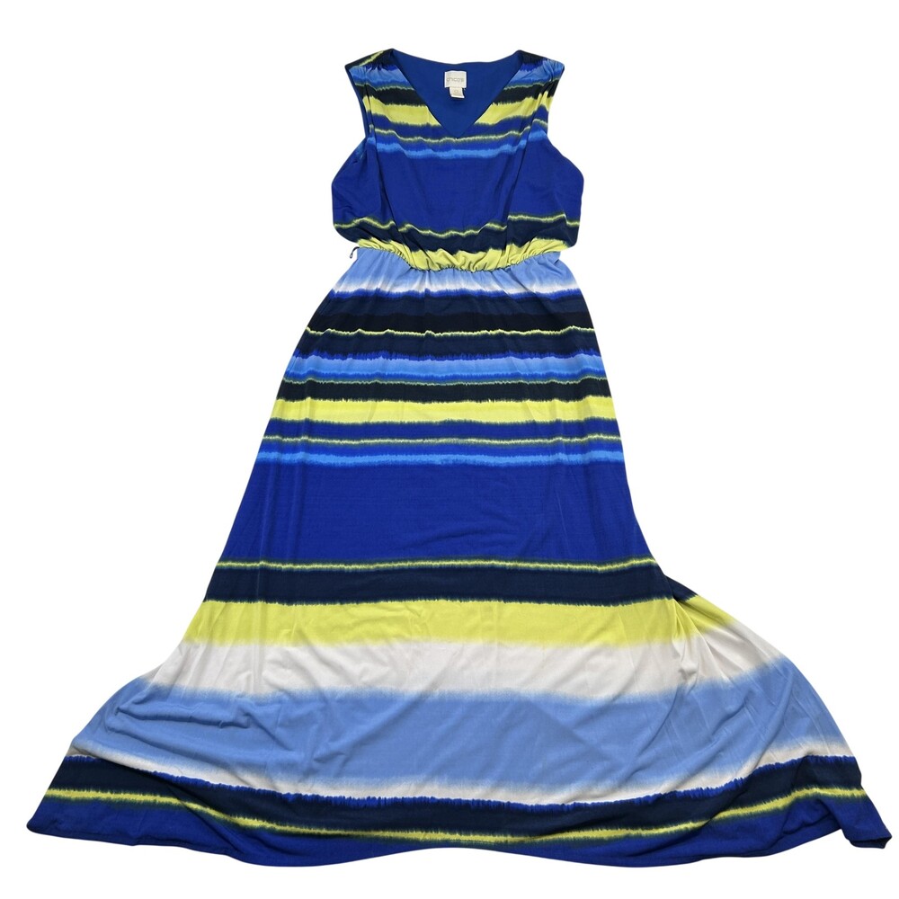 Chico's Dress Womens 0 Blue Stripe Maxi Sleeveless V Neck Jersey Sundress